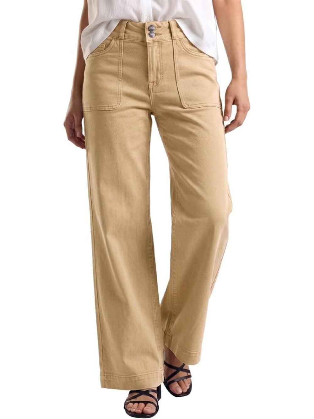 Women's Khaki Elastic High Waisted Stretchy Front Big Pocket Straight Leg Jeans